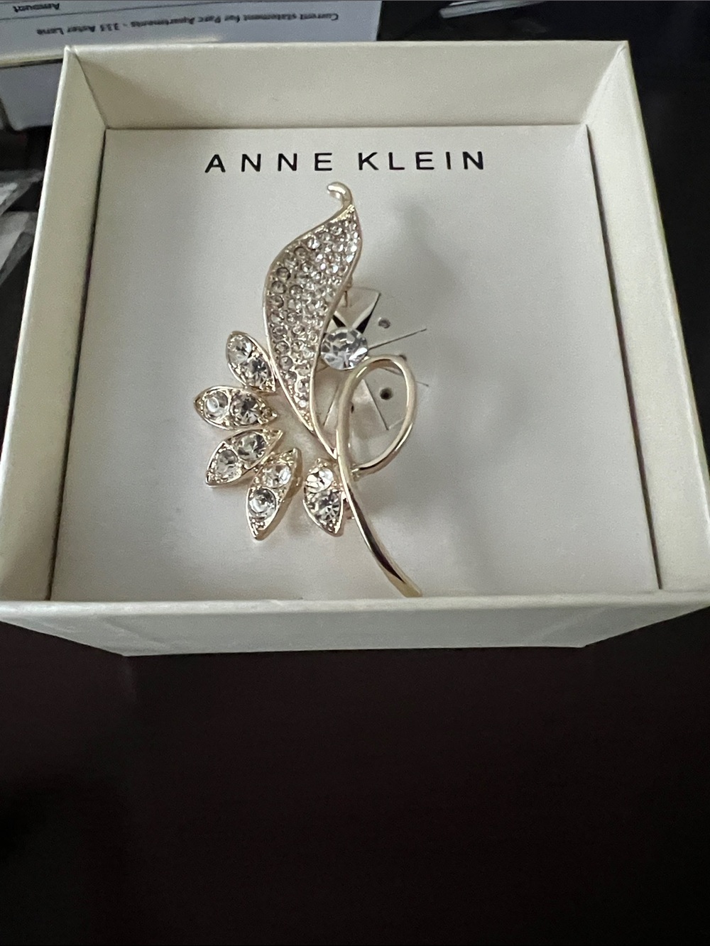 Anne Klein Gold-Tone Leaf and Crystal Brooch
